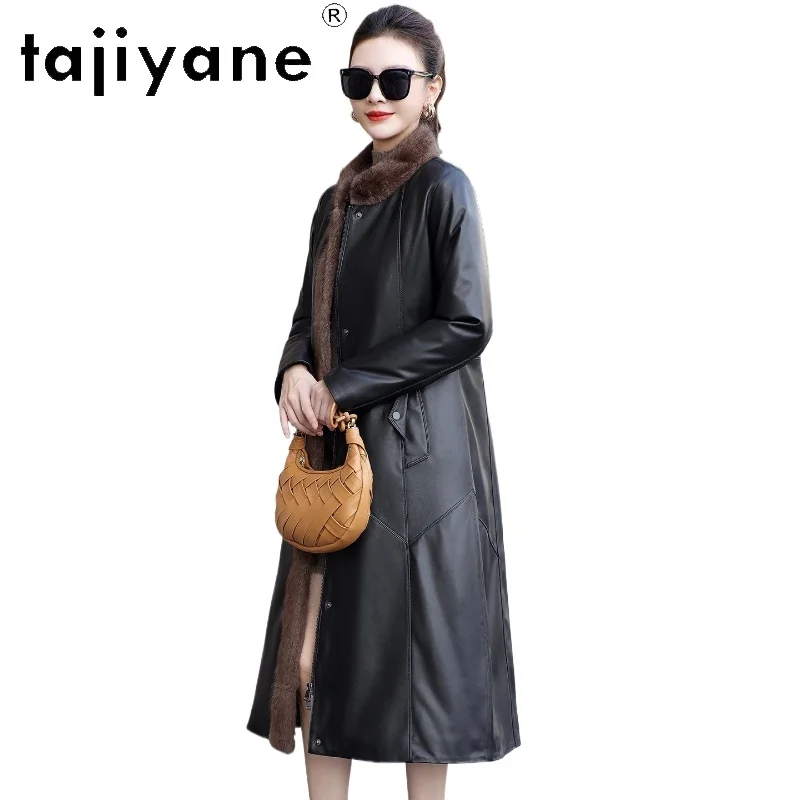 TAJIYANE 100%羊皮グースダウンコート レディース ムスクラットファー襟 本革ジャケット ロングパファージャケット 冬服 2025 롱코트