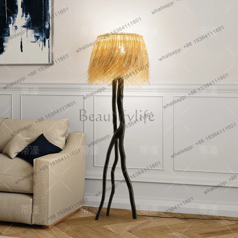 pg-new Chinese zen floor-to-ceiling luminous ornament bamboo braided fringed lamp antique decoration bedside ornament