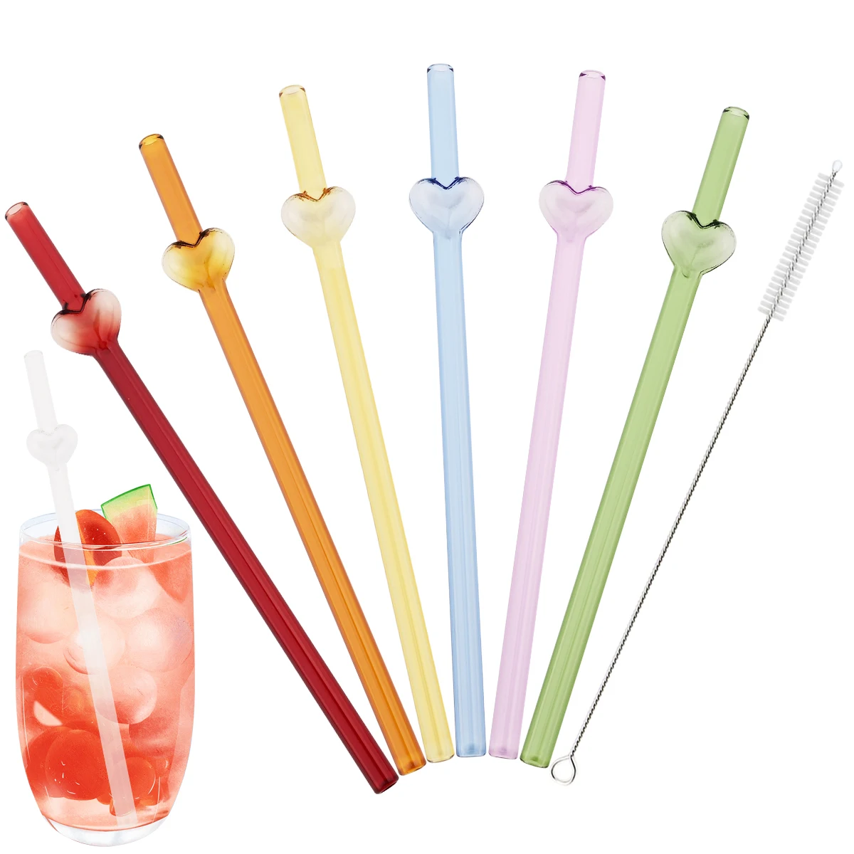 

6 шт. многоразовая стеклянная соломинка с кистью, набор разноцветных соломинок в форме сердца, подходит для молочных коктейлей, соков, аксессуаров для кафе-бара