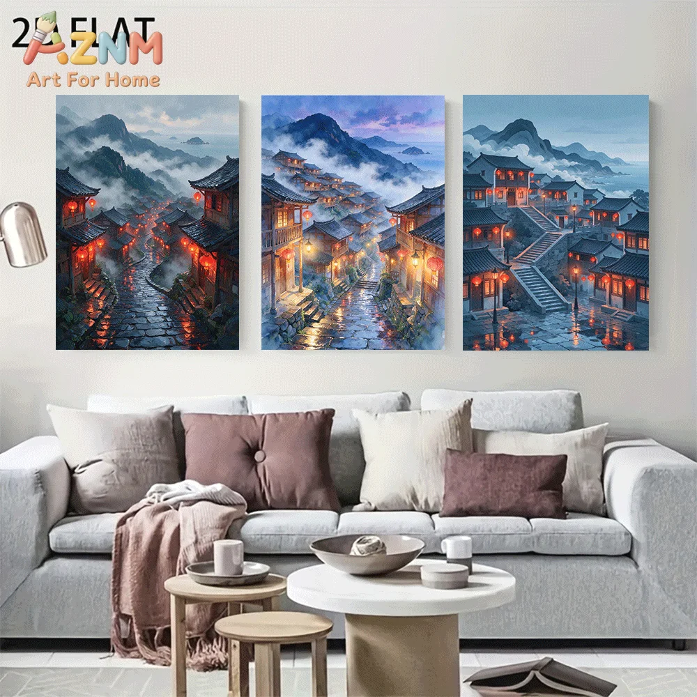AZNM Frameless Canvas Wall Art, Ancient Chinese Mountain Town Red Lantern Print, Oriental Misty Old Village Landscape Art Wall D