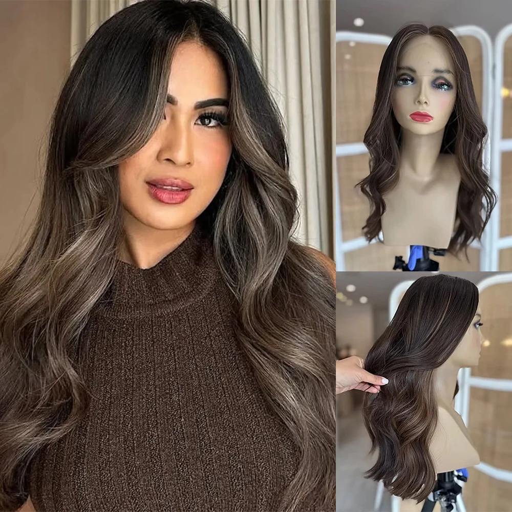 Premium Fiber Brunette Synthetic Wigs Chocolate Brown Highlights Synthetic HD Lace Wigs Long Wave 13x4 Lace Front Wig for Women