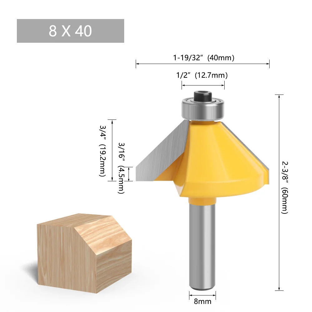 

1pc 8mm diameter Shank good Quality Large 45 Degree Chamfer Bevel Edging Router Bit Wood Cutting Tool woodworking router bits