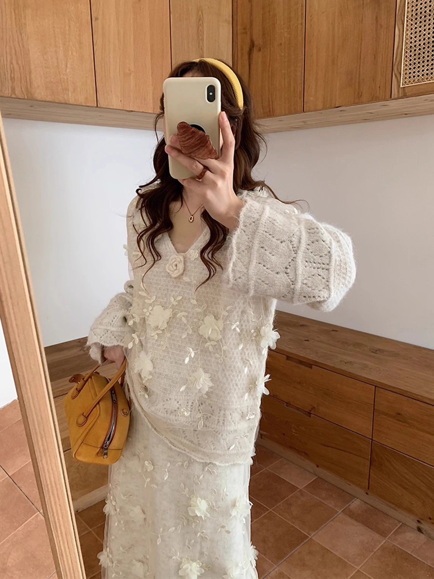 

Женский вязаный кружевной свитер с цветочным принтом, юбка прямого кроя с высокой талией, комплект из двух предметов, осенний модный повседневный наряд V Ne Long...