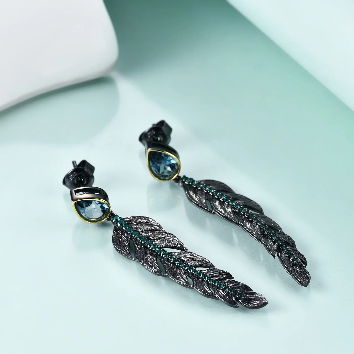

GEM'S BALLET 925 Sterling Silver Humble Chic Feather Earrings for Women Natural Pear Cut London Blue Topaz Handmade Earrings