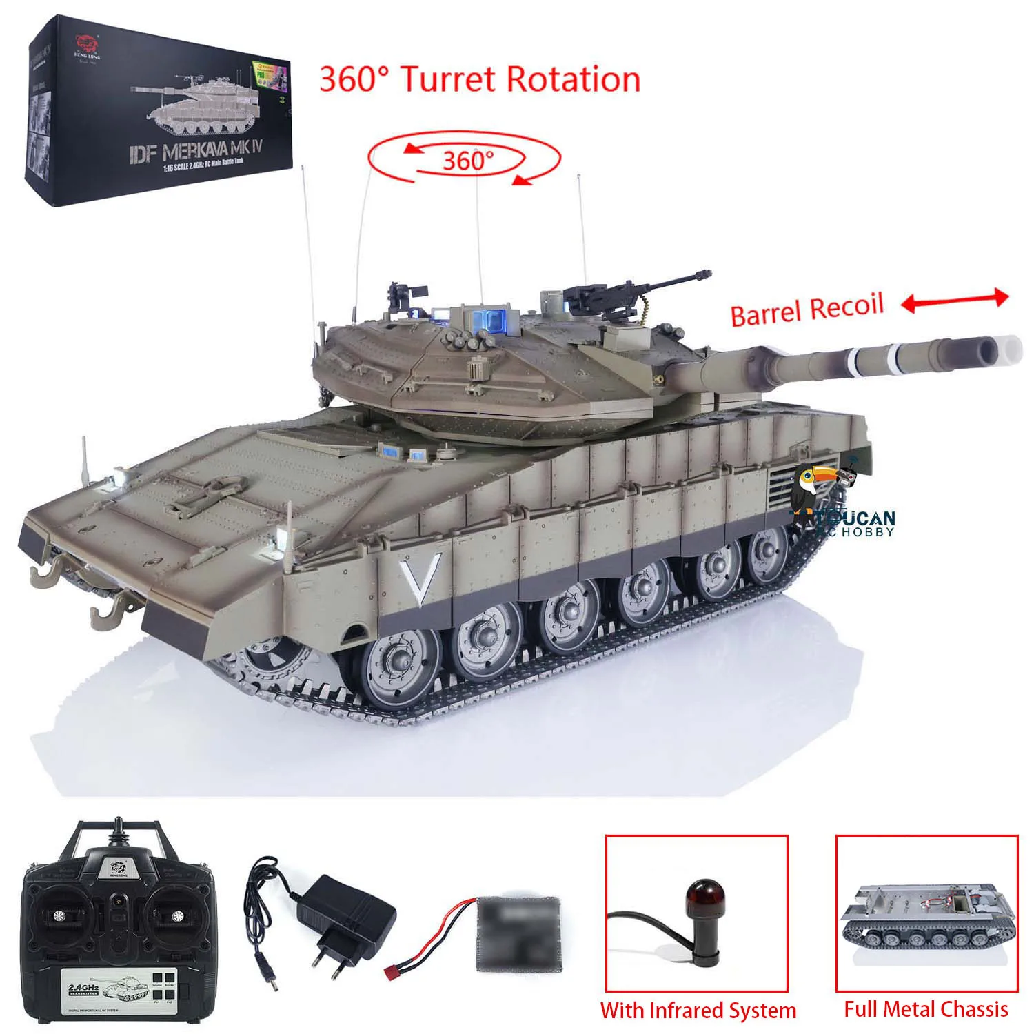 Heng Long 360°Rotated 1/16 RC Battle Tanks IDF Merkava MK IV TK 7.1 Full Metal Chassis Infrared Laser Aiming Light Wheels Model