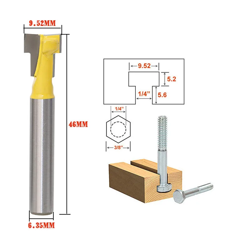 1 pieza 1/2 "12,7 MM 1/4" 6,35 MM cortador de caña tallado de madera ranura en T fresa enrutador broca cortador de carpintería para herramienta eléctrica