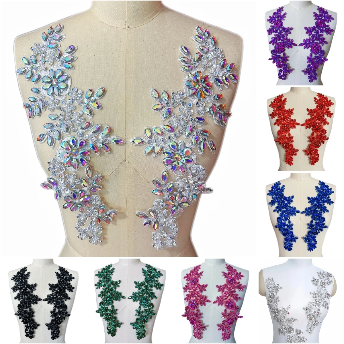 

3d Glass Beads Crystals 1 Pair Lace Design Costumes Wedding Dress Patches Appliques Sew on For Wedding Bridal Dress Decorations