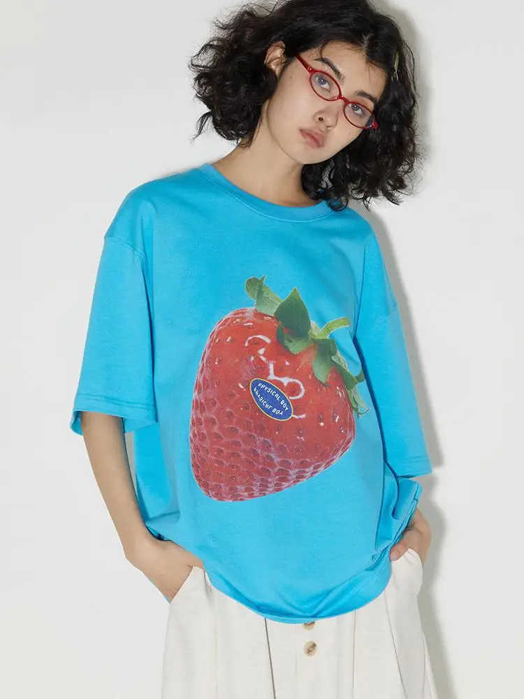 Seeslim Streetwear 100% Cotton Strawberry Print T Shirt Women Clothes Short Sleeve Korean Fashion Loose Tees Summer Tops Tshirts