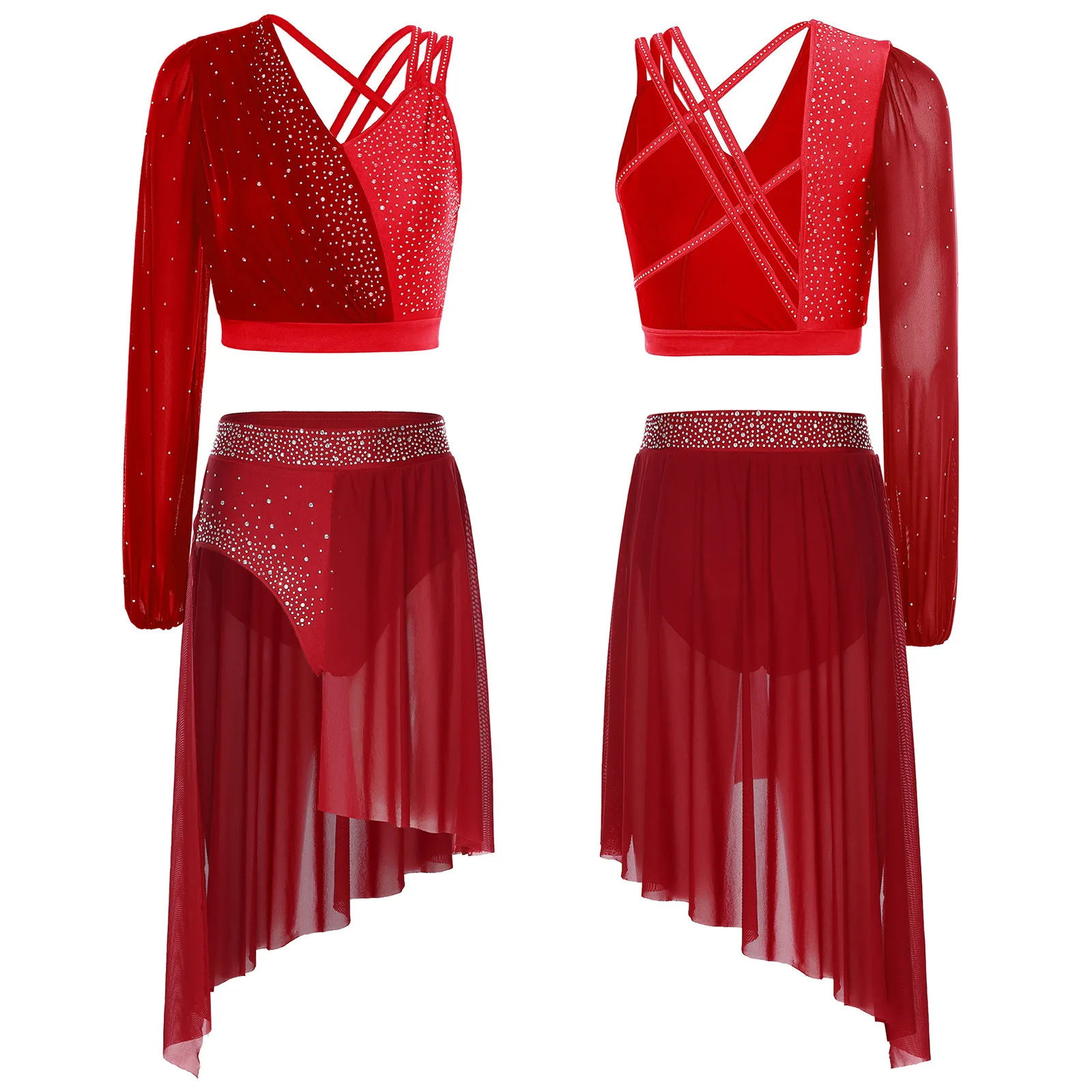 Stralend prestatie-ensemble Tango Jazzdanskostuum Crop Top en rok met bandjes aan de achterkant voor moderne danswedstrijden