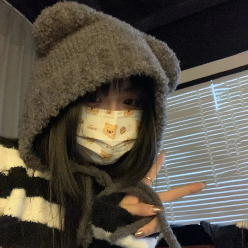 Gorro de lana con orejas de oso para mujer, Gorros cálidos con cordones, protección para las orejas, gorro de bombardero de punto, Gorros cálidos de punto de Corea, Invierno