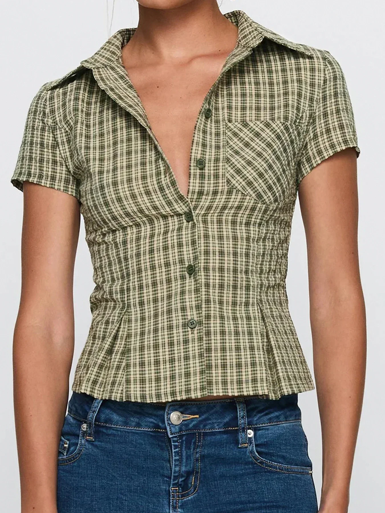 Fashion Plaid Slim Fit Women Causal Shirts Simple Chic Summer Short Sleeve A-Line Trim Button Blouses