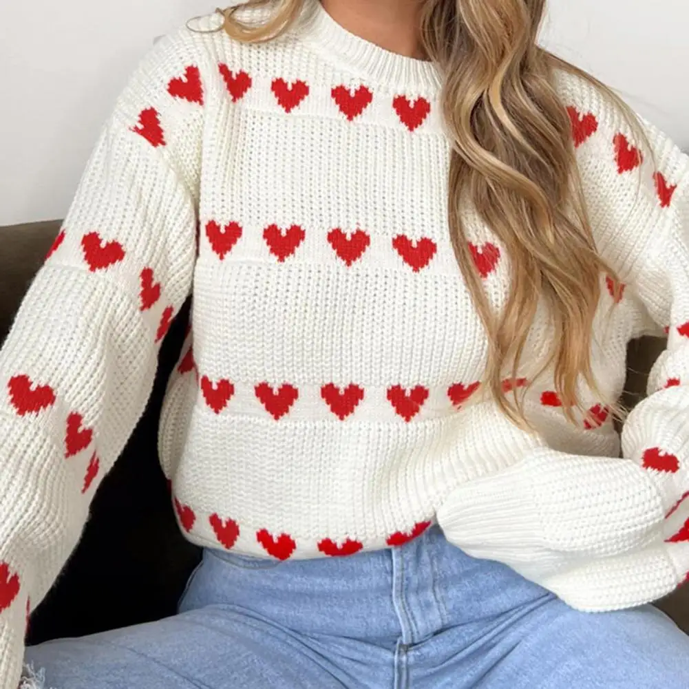 Comfortable Sweater Heart Pattern Knitting Women's Sweater with Ribbed Trim Loose Fit Long Sleeve Pullover for Wear Stretchy