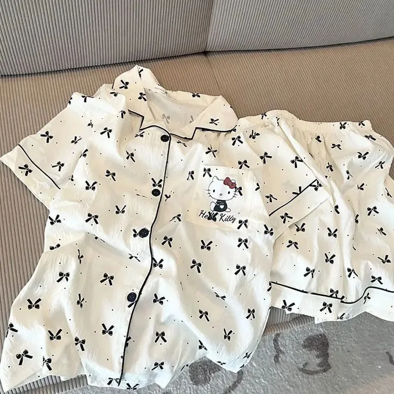 جديد مرحبا كيتي 2 قطعة منامة مجموعة Kawaii النساء قصيرة الأكمام السراويل لطيف جديد الفتيات طالب المنزل الملابس مجموعة الكرتون ملابس النوم