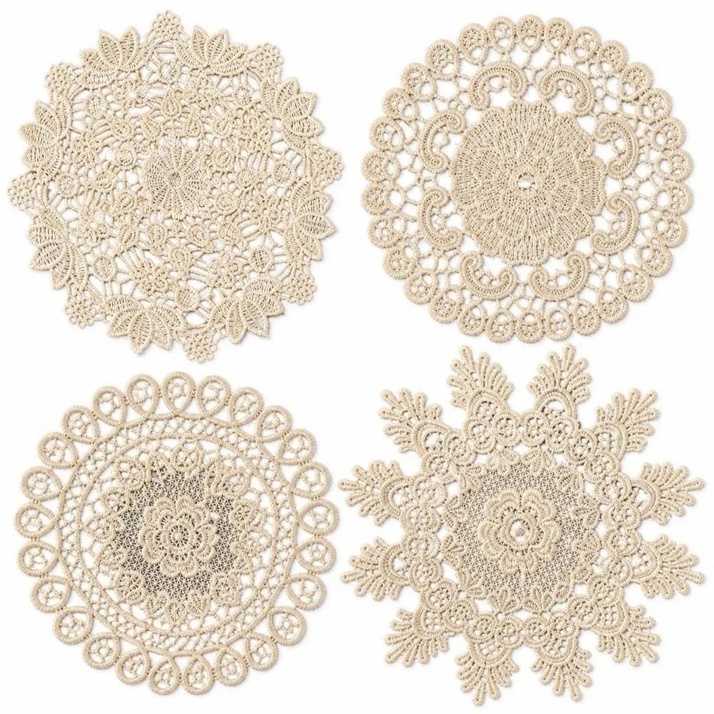 2pcs Retro Embroidered Lace Table Cloth Round Hollow Out Lace Placemat Tea Pad Mat Beige Crochet Lace Doily Home Decor