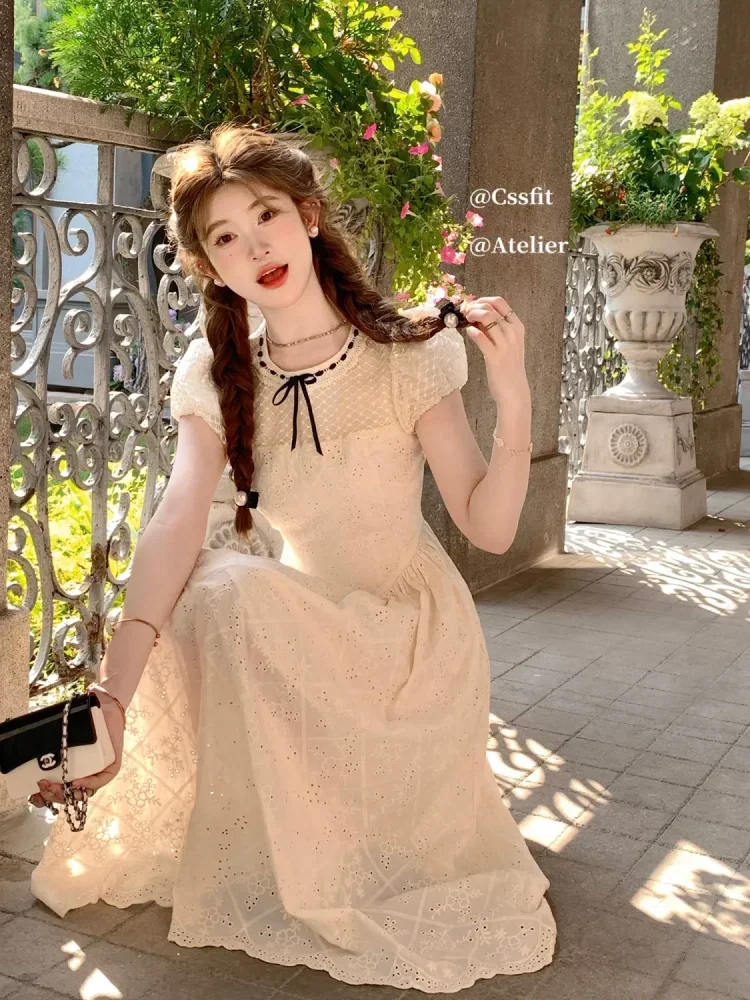 

MAGOGO French Retro Summer Short Puff Sleeve Dress Women Elegant Embroidery Tight Waist Slim Sweet Platycodon Hollow Long Dress