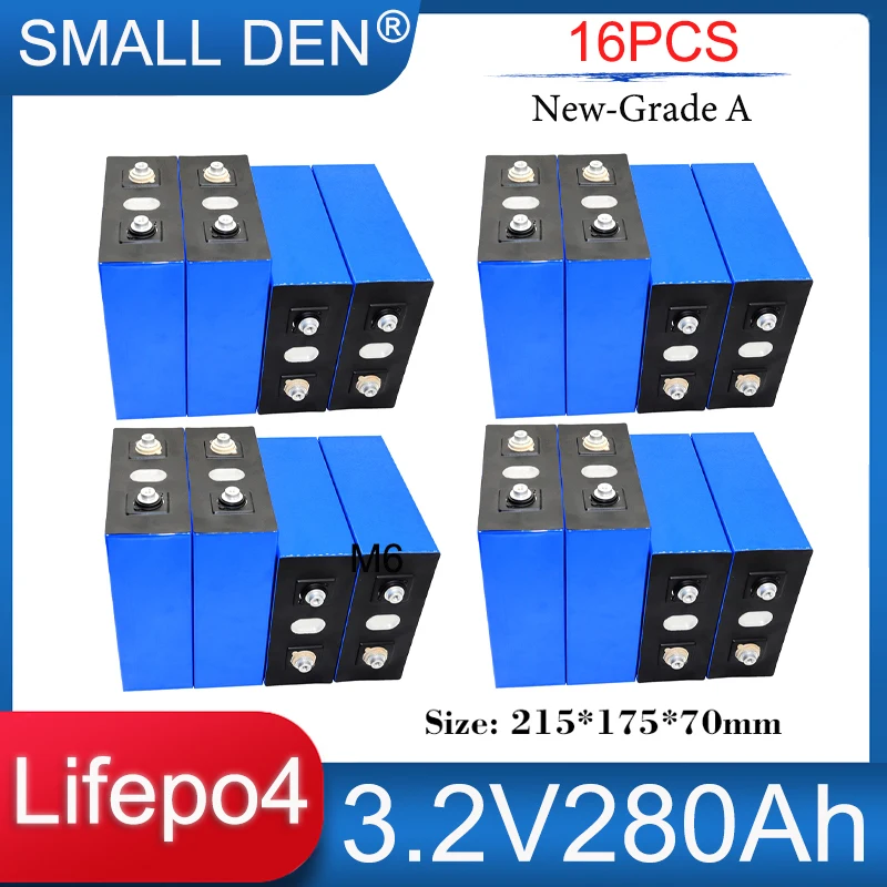 16PCS New 3.2V 280Ah Lifepo4 Rechargeable Battery Grade A 3C Large Capacity DIY 12V 24V Electric Car RV Golf Cart Solar Storage