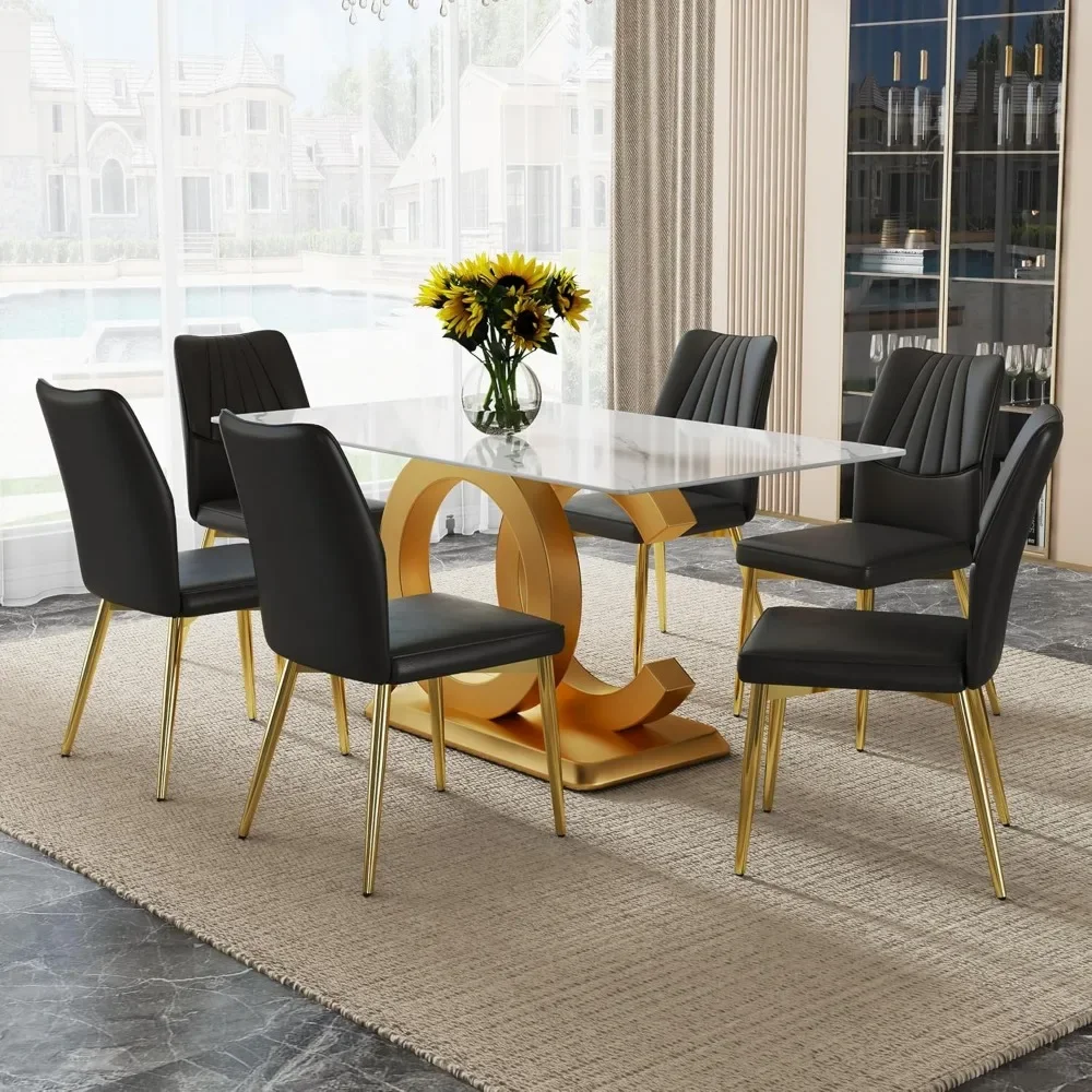63" dining table set for 6 people, 7-piece dining table set, faux marble dining table top, gold base, 6 dining chairs