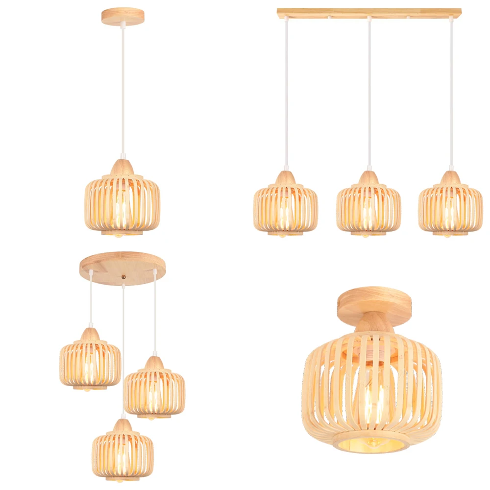 Bamboo Wood Pendant Lamp Natural Rattan Wicker E27 LED Ceiling Chandelier Hand-Woven Lampshades Lighting Fixture Hanging Light
