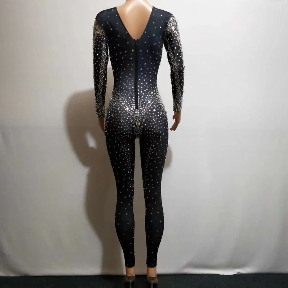 Luxury Rhinestones Black Jumpsuit Women Evening Prom Party Birthday Celebrate Drag Queen Outfit Stage Wear Long Sleeve