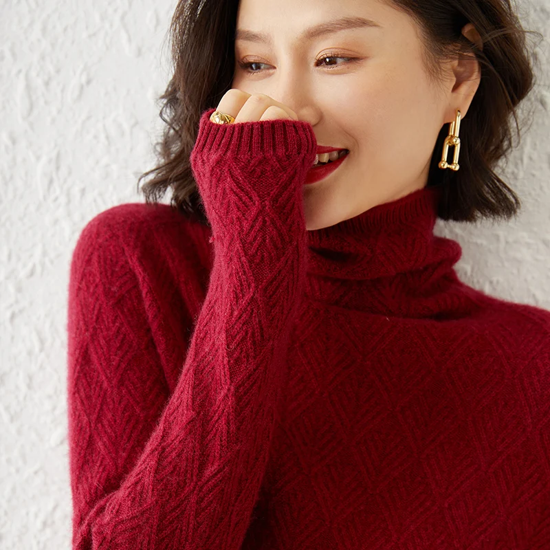 Autumn/winter new sweater stylish turtleneck knit jacquard women's high-end slim long sleeve thermal sweater.