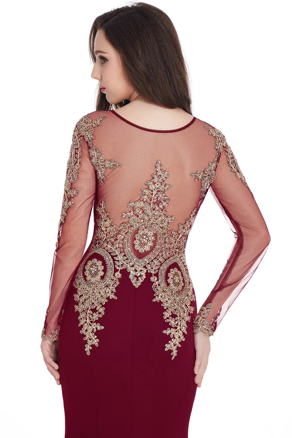 Sexy Mermaid Evening Dresses Gold Lace Appqulies O-Neck Tulle Long Sleeve Gowns Slim Floor Length Party Prom Dress With Train