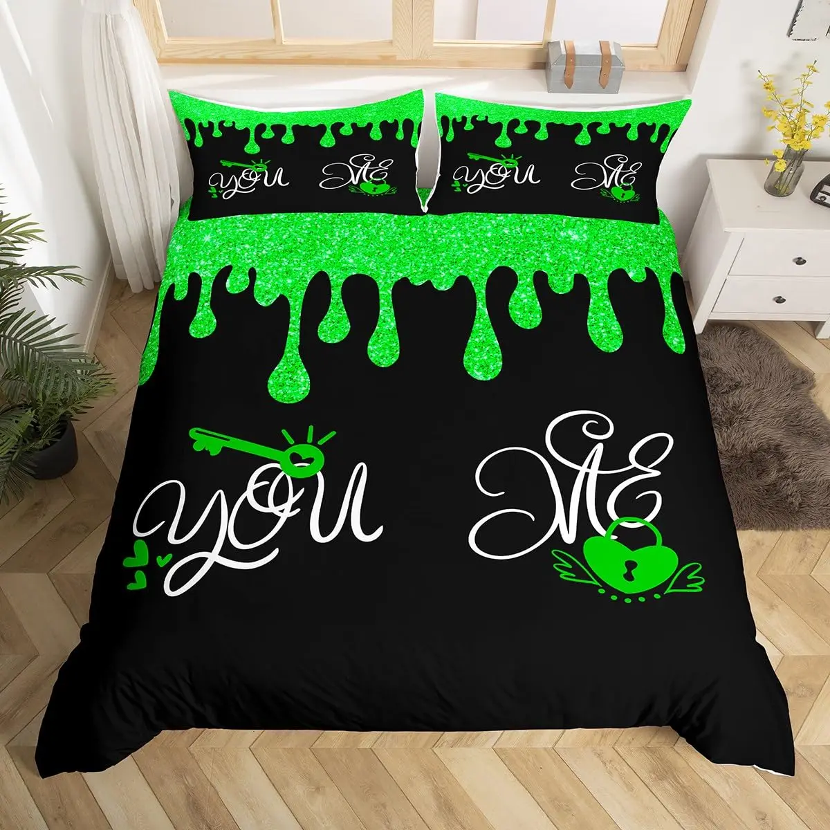 Romantic Valentines Day Duvet Cover Her King and His Queen Bedding Set,Glitter Print Bed Set Lovers Mr and Mrs Comforter Cover
