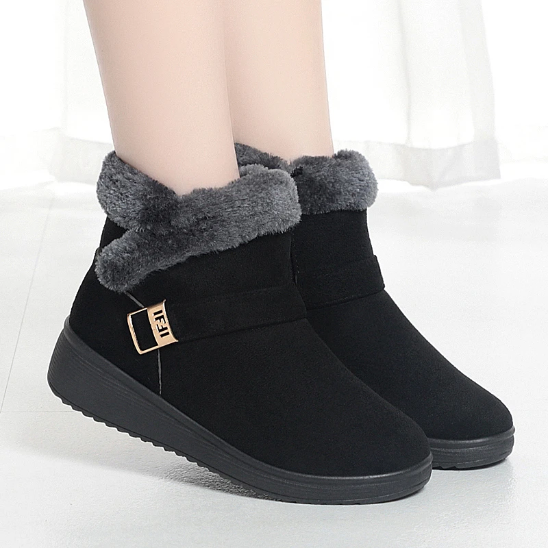 Womens Boots with Metal Low Heel Short Tube Round Toe Sleeve Non-slip and Warm 2024 New Winter Suede Casual Black Snow Boots