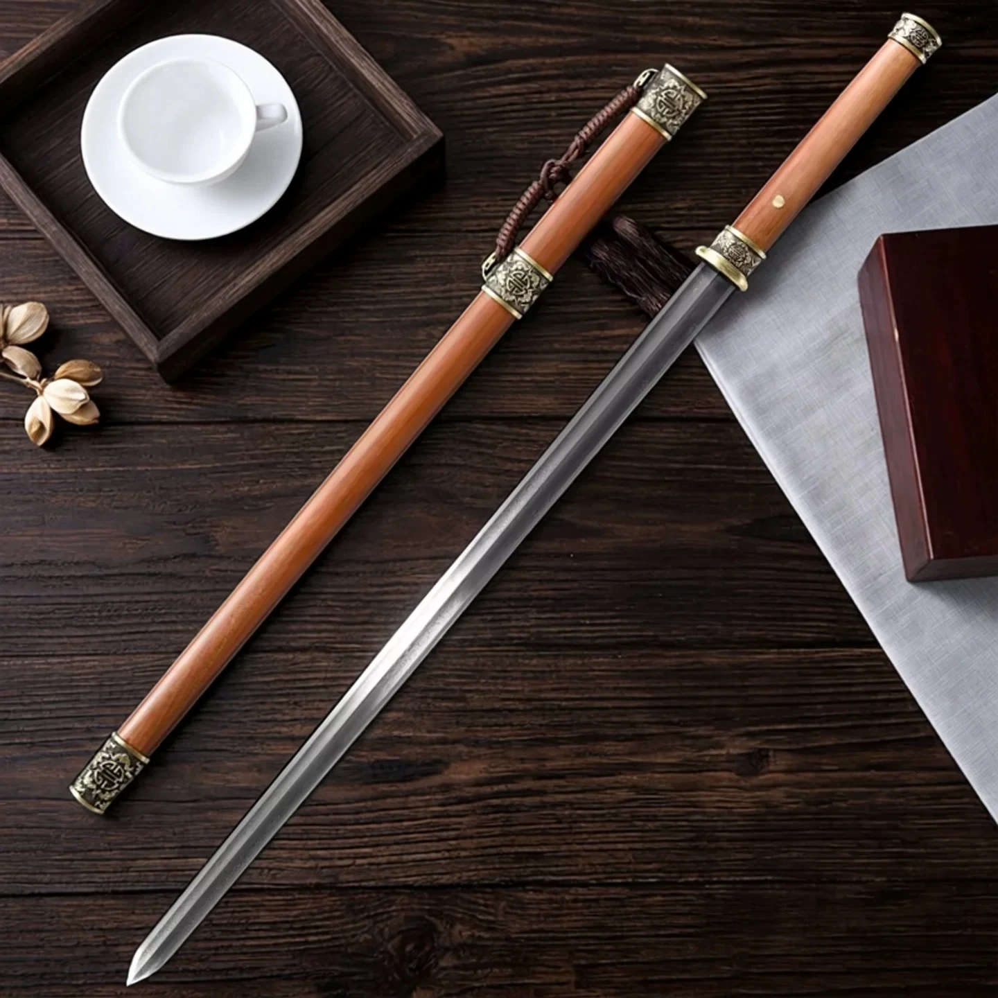 Handmade Full Tang Forged Blade Fortune Cloud Longevity Sword Wood Scabbard Home Collection Sword Free Sword Stand As Gift