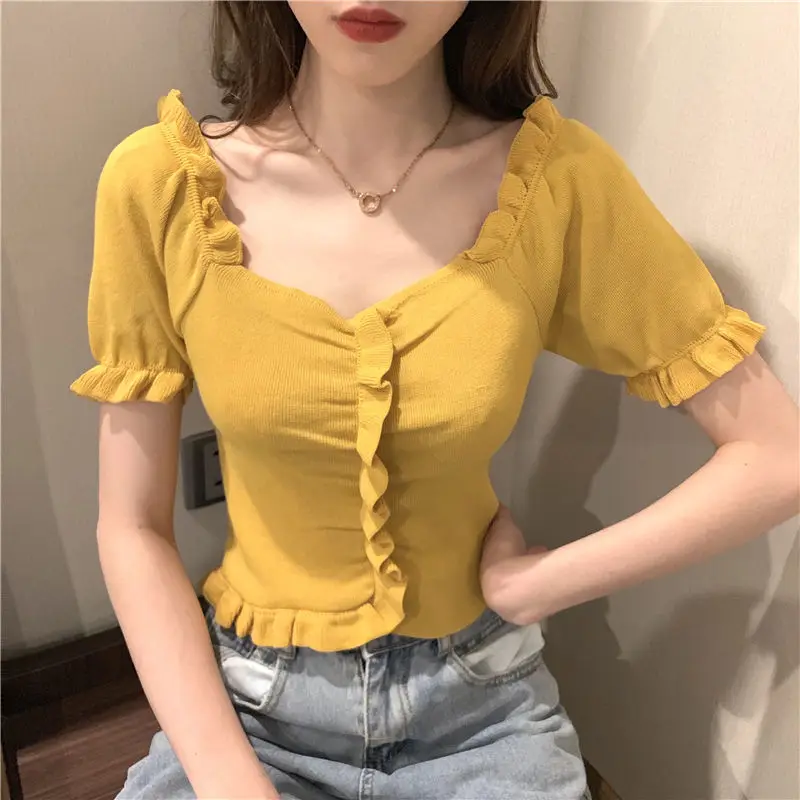 Summer New Short Slim T Shirts Short Sleeve Pleated All-match Solid Color Sexy Tops Tees Sweet Fashion Trend Women Clothing