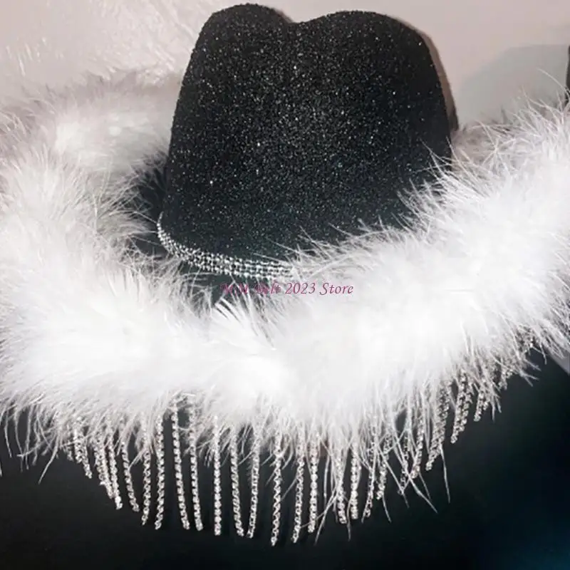 Chapéu cowgirl com penas, 49me, noiva, casamento, foto, adereços, verão, ar livre, mulher, menina, chapéu com borda