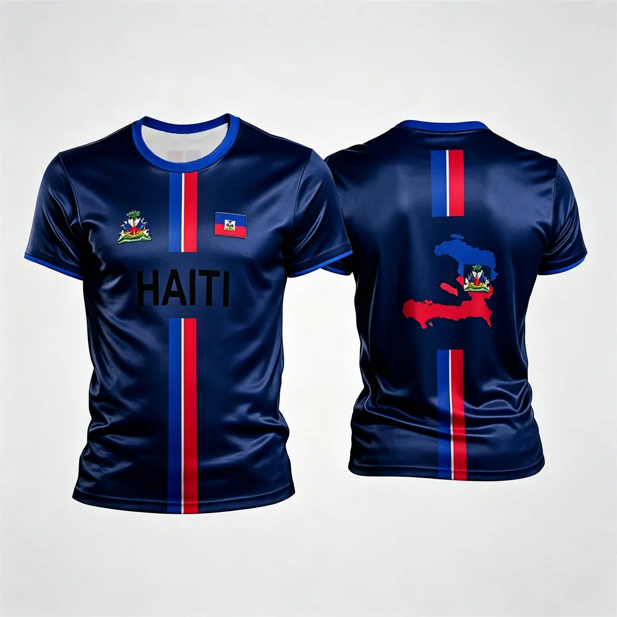 Men Haiti National Flag Map Print Short Sleeve T‑Shirt, White Blue Red Striped Crew Neck Casual Sport Fan Jersey Tee Tops