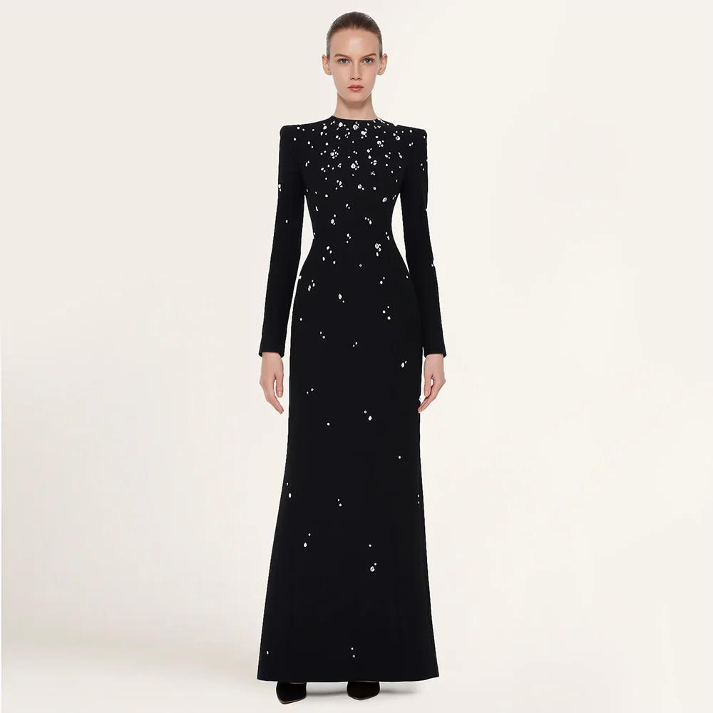 

Роскошные вечерние платья с круглым вырезом и длинными рукавами, платья для выпускного вечера с кристаллами, прямое платье для выпускного вечера длиной до пола, по индивидуальному заказу 2026