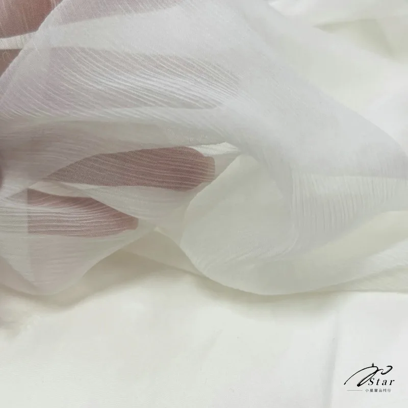 White Thin Pure Silk Sheer Blouse Dress Pleated Fabric
