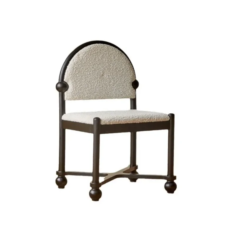 Medieval Style Makeup Chair Round Craft Solid Wood Lambskin Back Chair French Retro Dining Chair Cream Style Bedroom