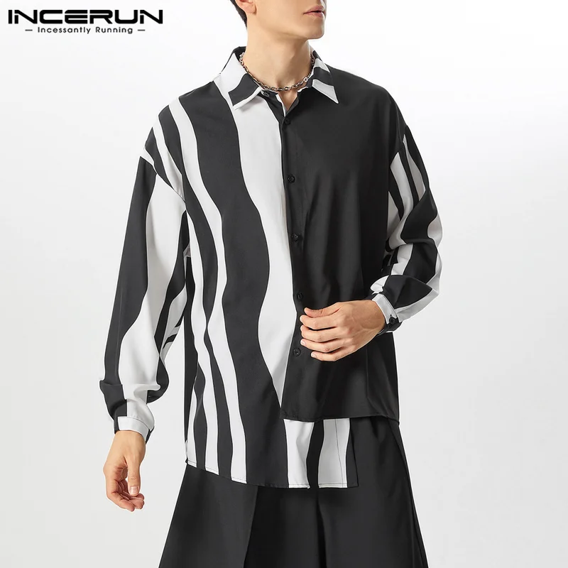 2026 Men Striped Patchwork Shirts Brand Streetwear Lapel Tops Fashion Irregular Shirts Long Sleeve Casual Camisas S-5XL INCERUN