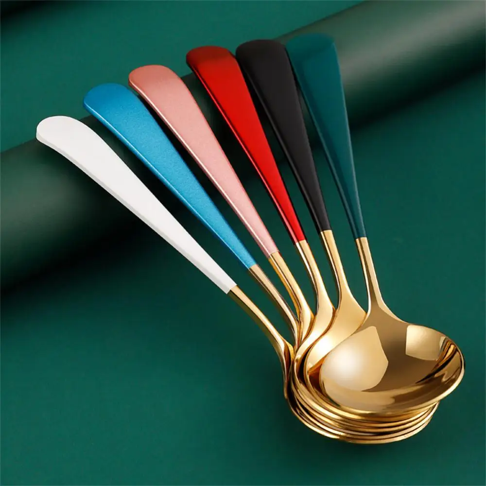 Stainless Steel Round Head Spoon Serving Dessert Spoon Korean Style Spoons Mixing Spoon Coffee Spoon Kitchen Gadget Tableware