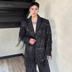 Chic Men's Blazer Jackets Glitter Tassel Fashion Oversized Suit Coat Stage Dance Singer Magician Party Personal Clothing