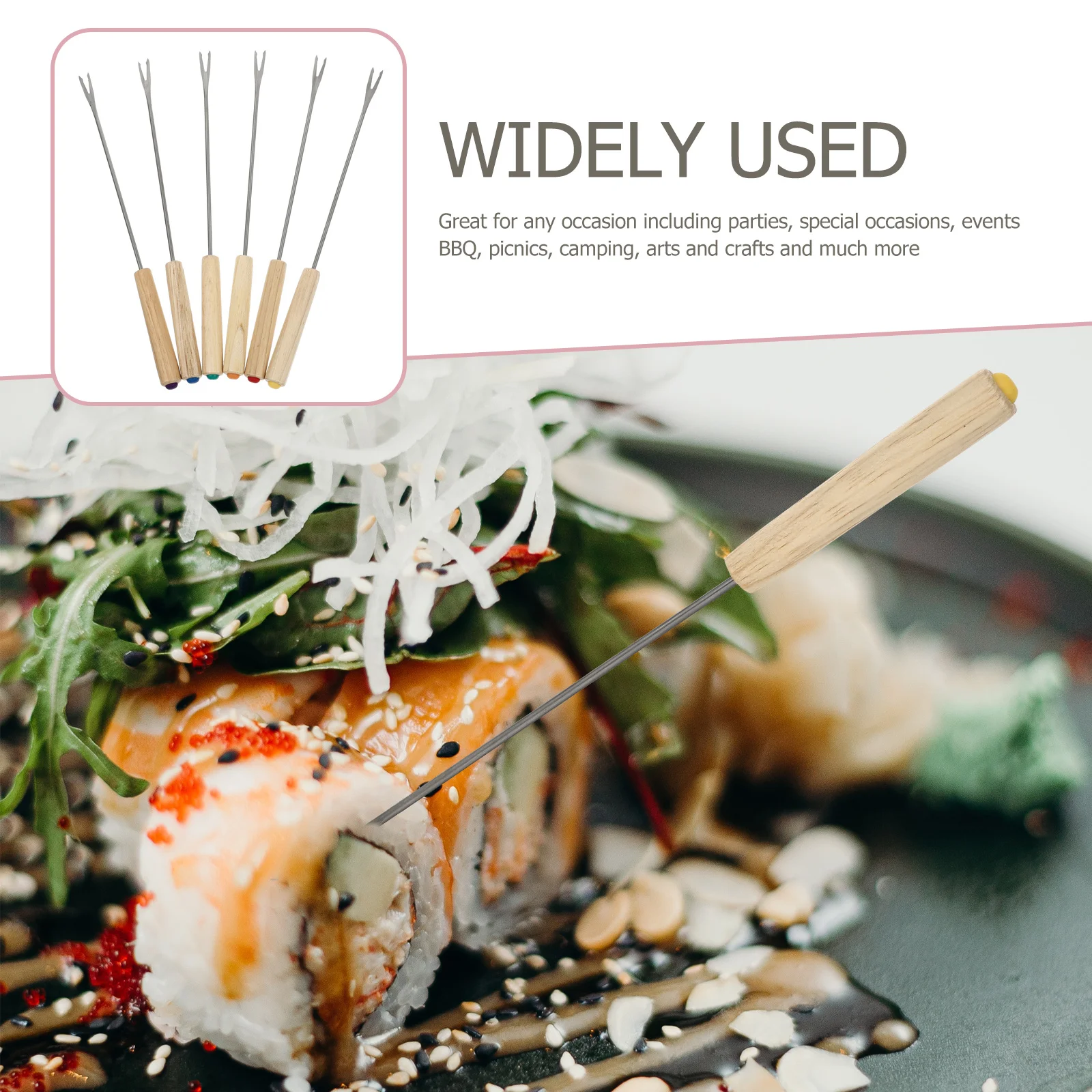 

2Pcs Oak Handle Stainless Steel Fondue Forks Thickened Eco Friendly Dessert Fruit Chocolate Forks Portable Kitchen Bbq Tool