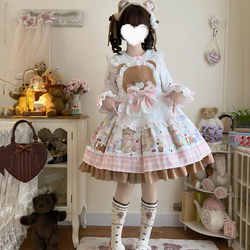 MAGOGO Japanese Kawaii Lolita Long Sleeve Dress Women Autumn Sweet Cute Cartoon Printed Ruffles Bow Apron Princess Party Dresses