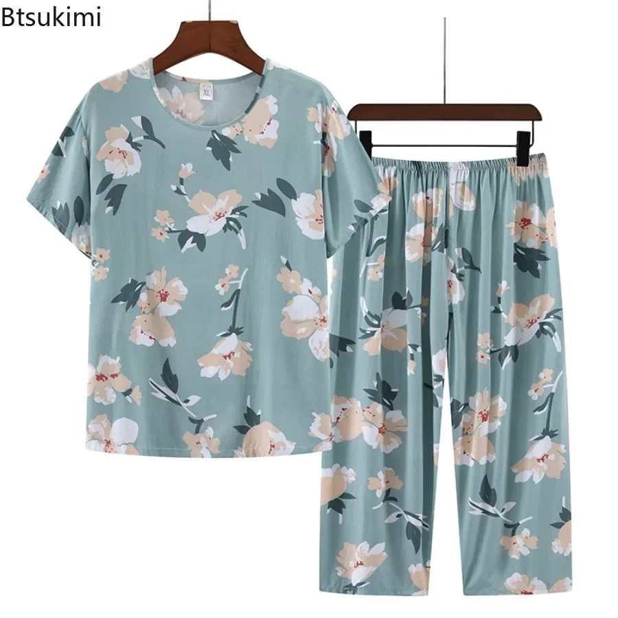 Women's Summer Cotton Silk Pajama Sets Homewear Suit Thin Short Sleeve Sleepwear Rayon Middle-Aged Mom Casual Pajamas Homewear