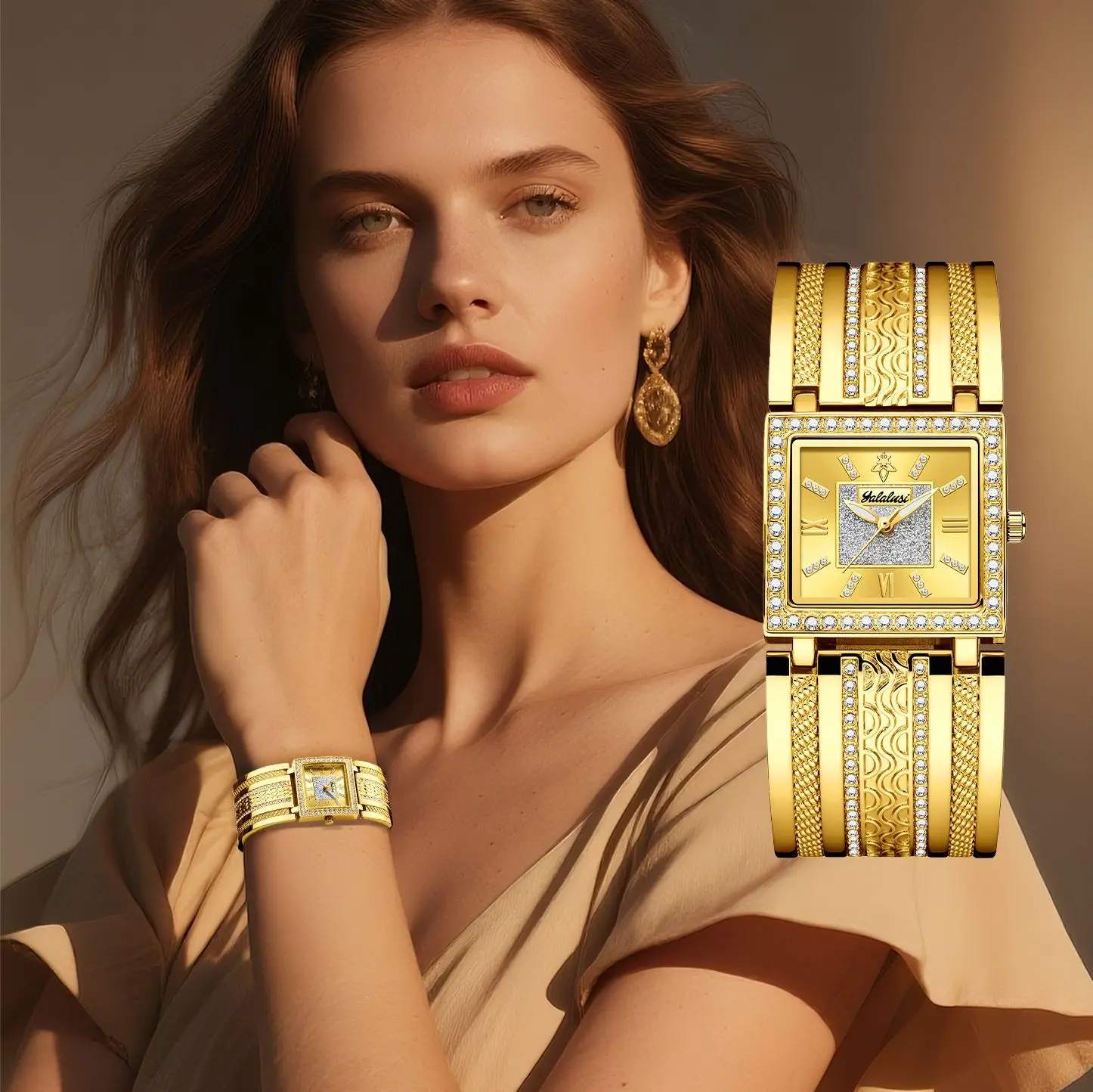 YaLalusi luxury gold diamond square women's watch with diamond studded strap, gold watch, light luxury women's watch