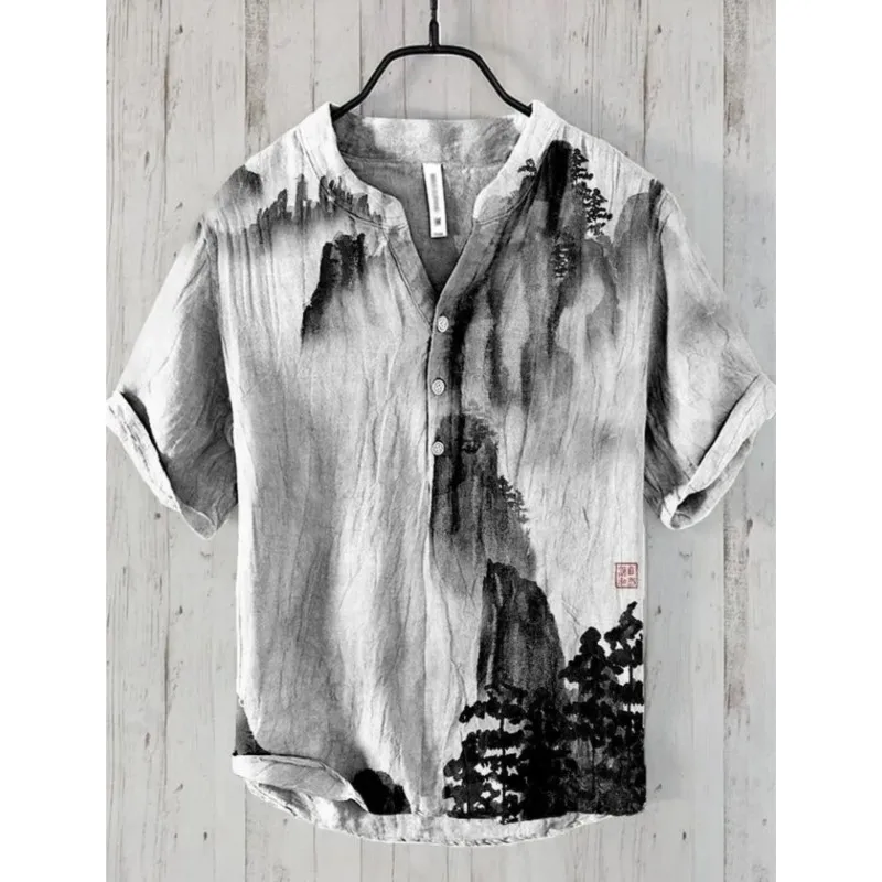 2025 New men's Linen short-sleeved Shirt Fashion Casual Printed Tops European And American Popular Style men's Clothing