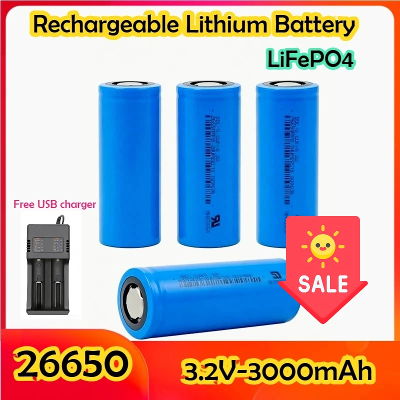 26650 LiFePO4 3.2V 3000mAh Rechargeable Lithium Iron Phosphate Battery for Strong Light Lamps Mining Lamps Electric Tools