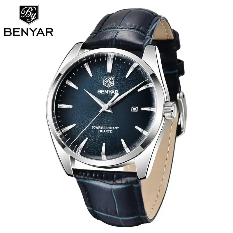 BENYAR BY-5163M Men Quartz Watch Japan Miyota 2115 Movement 50M Waterproof Genuine Leather Strap Business Date Wristwatch Reloj