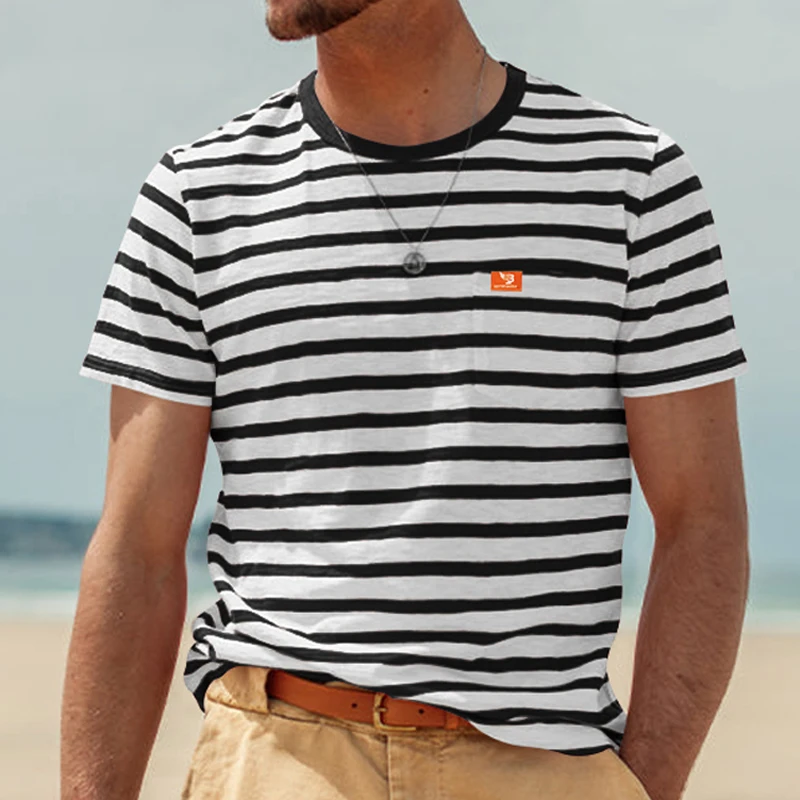 [2025 Summer New Style] Men's Classic Striped Short Sleeve T-Shirt Minimalist Design Chest Multifunctional Pocket Casual Wear Easiest for Match Item