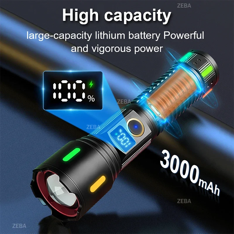 2000000LM White Laser Rechargeable LED Flashlight Fluorescent Strip Zoom High Power Flashlight Tactical Power Bank Camping light