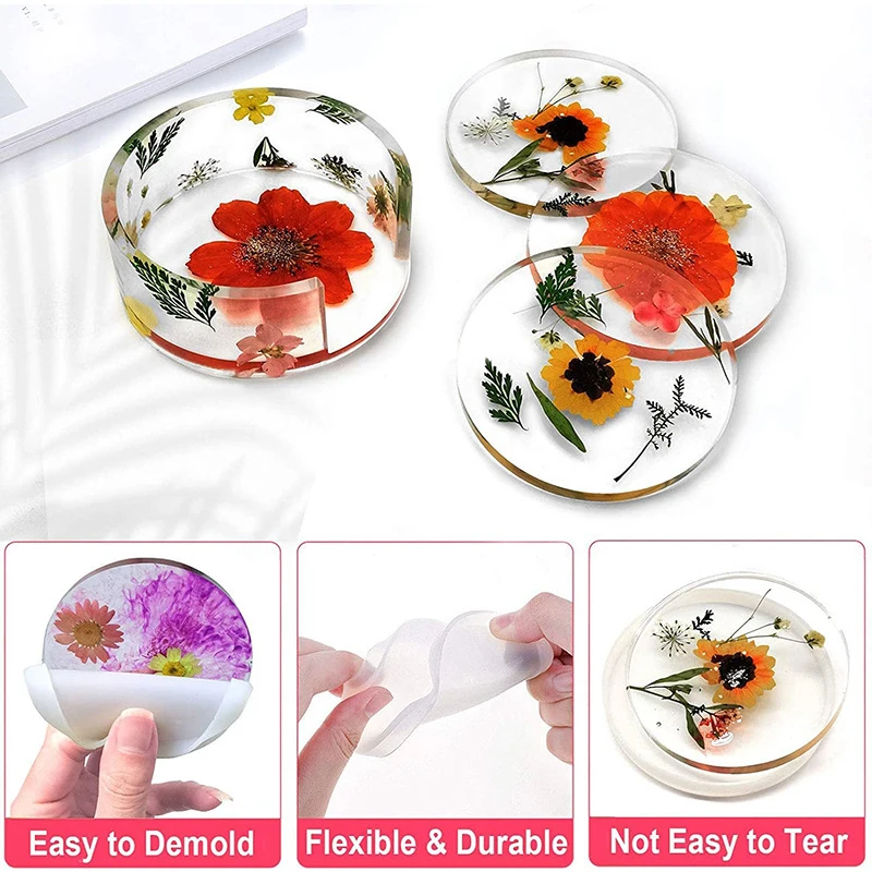 Set Of 5 Pieces DIY Circular Coaster Mold Crystal Epoxy Resin Mold Square Coaster Resin Silicone Mould Flower Cup Mat Mould