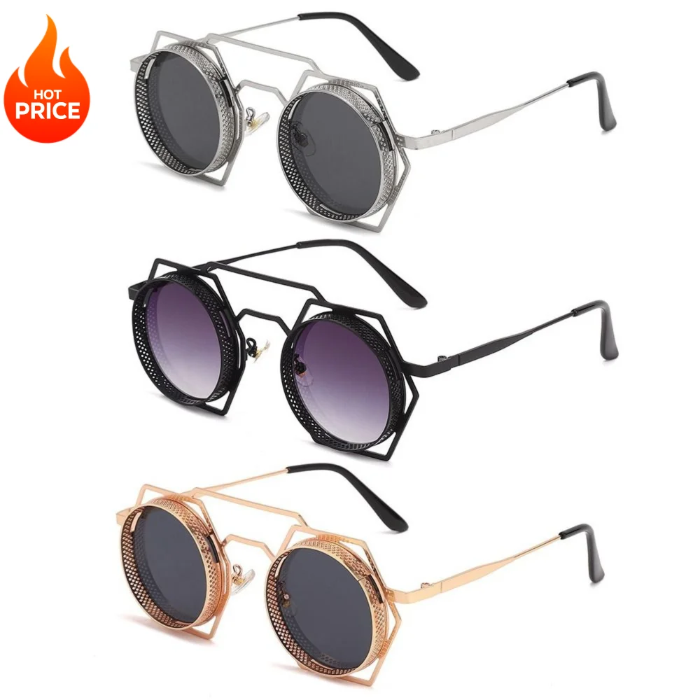 

Punk Style Metal Frame Sunglasses Eye Protection Anti-UV 400 Black Shades Glasses Travel Accessories Hexagonal Retro Sunglasses