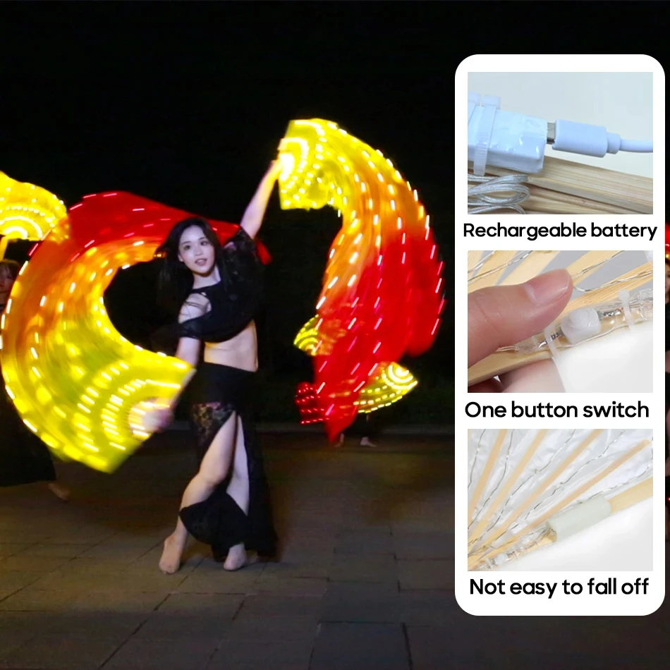 Ventiladores de led recarregáveis véu de seda real uma peça um par mão direita esquerda 180cm desempenho palco acessórios de dança do ventre