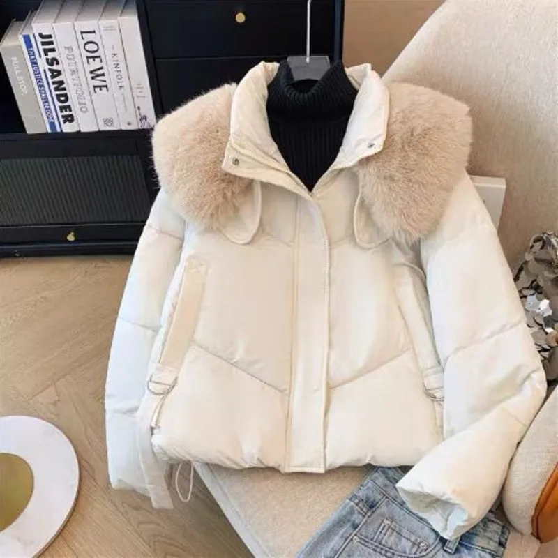 2025 Winter New Down Short Padded Jacket Women Parkas Fur Collar Thick Cotton Coats Clothes Black Brown Casual Outerwear Female